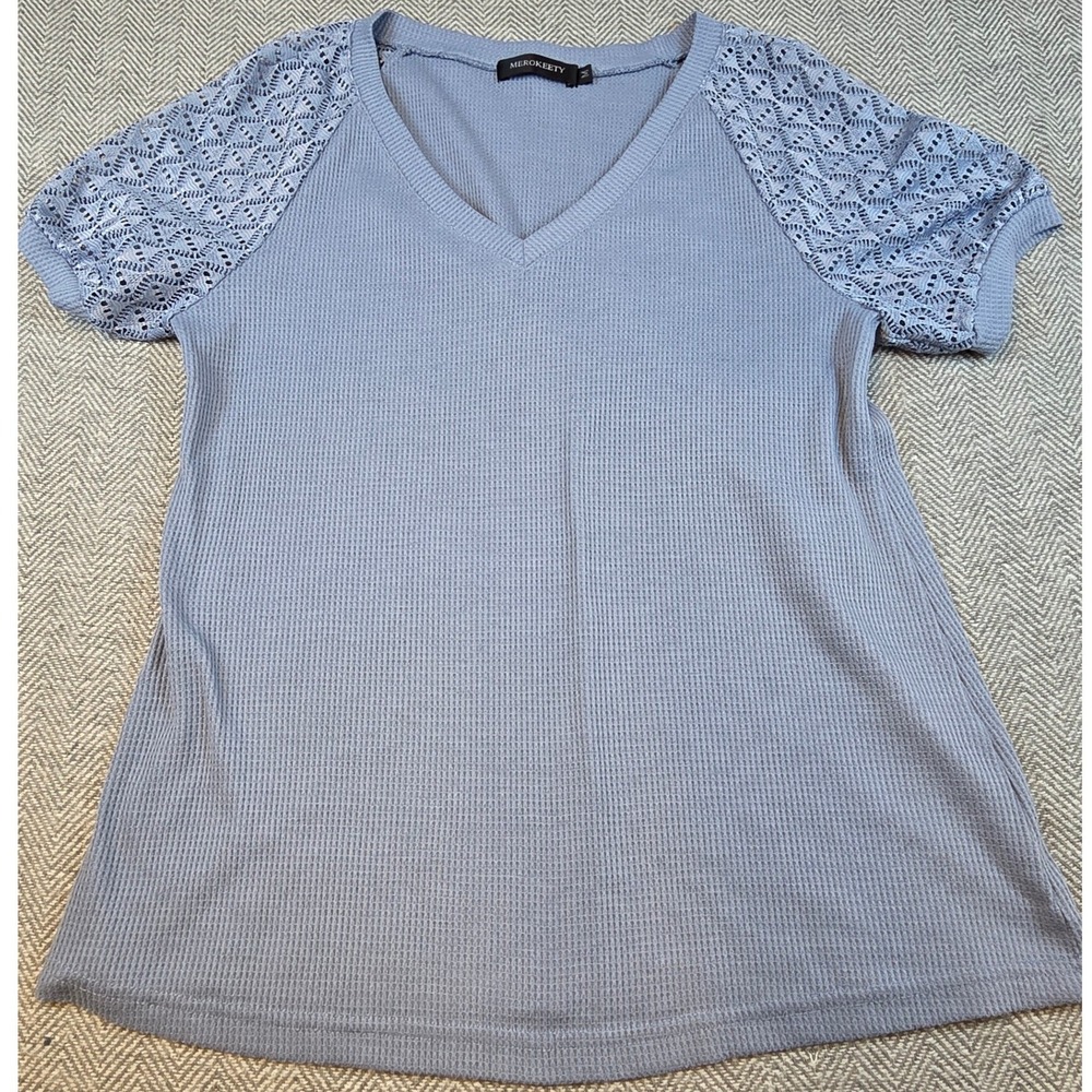 Merokeety Womens Waffle Knit Top Crochet Lace Short Sleeve V-Neck Blue Size M